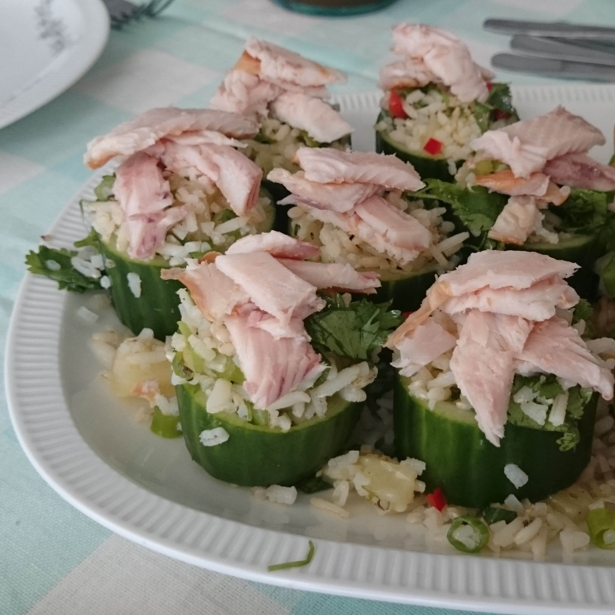 Recept van Willemijn: Komkommer gevuld met Rijst en Forel